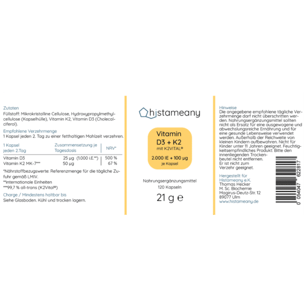 Vitamin D3+K2 Kapseln 2000 i.E. Histaminintoleranz Sojafrei